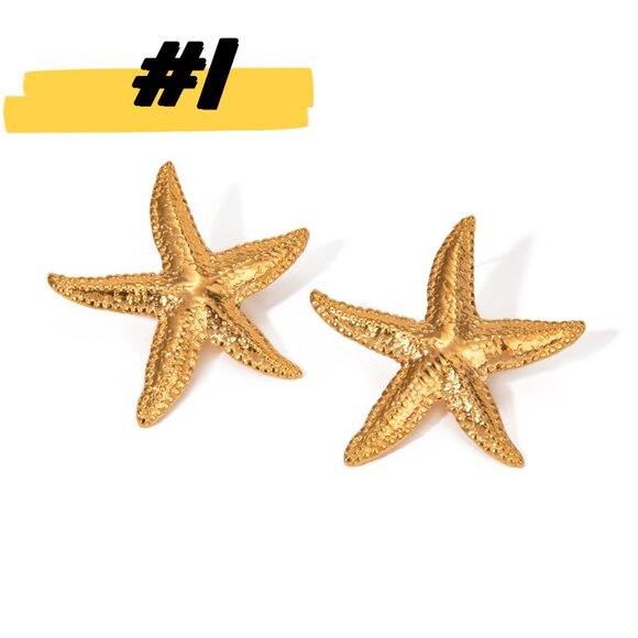 18K Gold Stainless Steel Starfish Shell Stud Earrings Coastal Jewelry - Picture 1 of 4